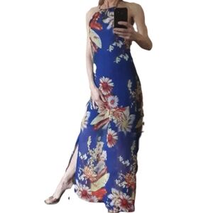 Vintage Vibrant Floral Maxi Dress in Blue